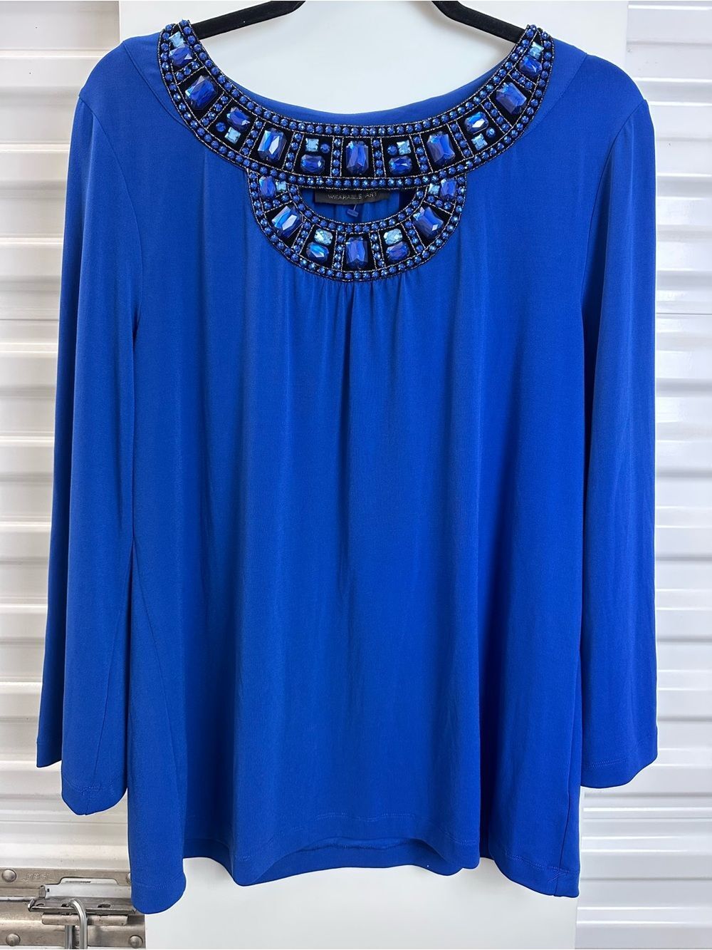⭐️Bob Mackie Royal Blue Jeweled-Neck Long Sleeve Top